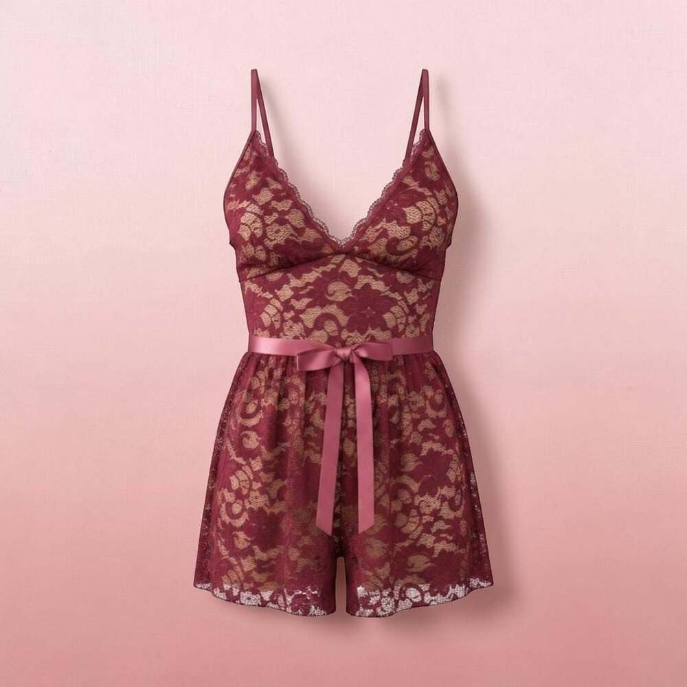 Adore Me Jasmin Lace Romper Lingerie in Wine Red